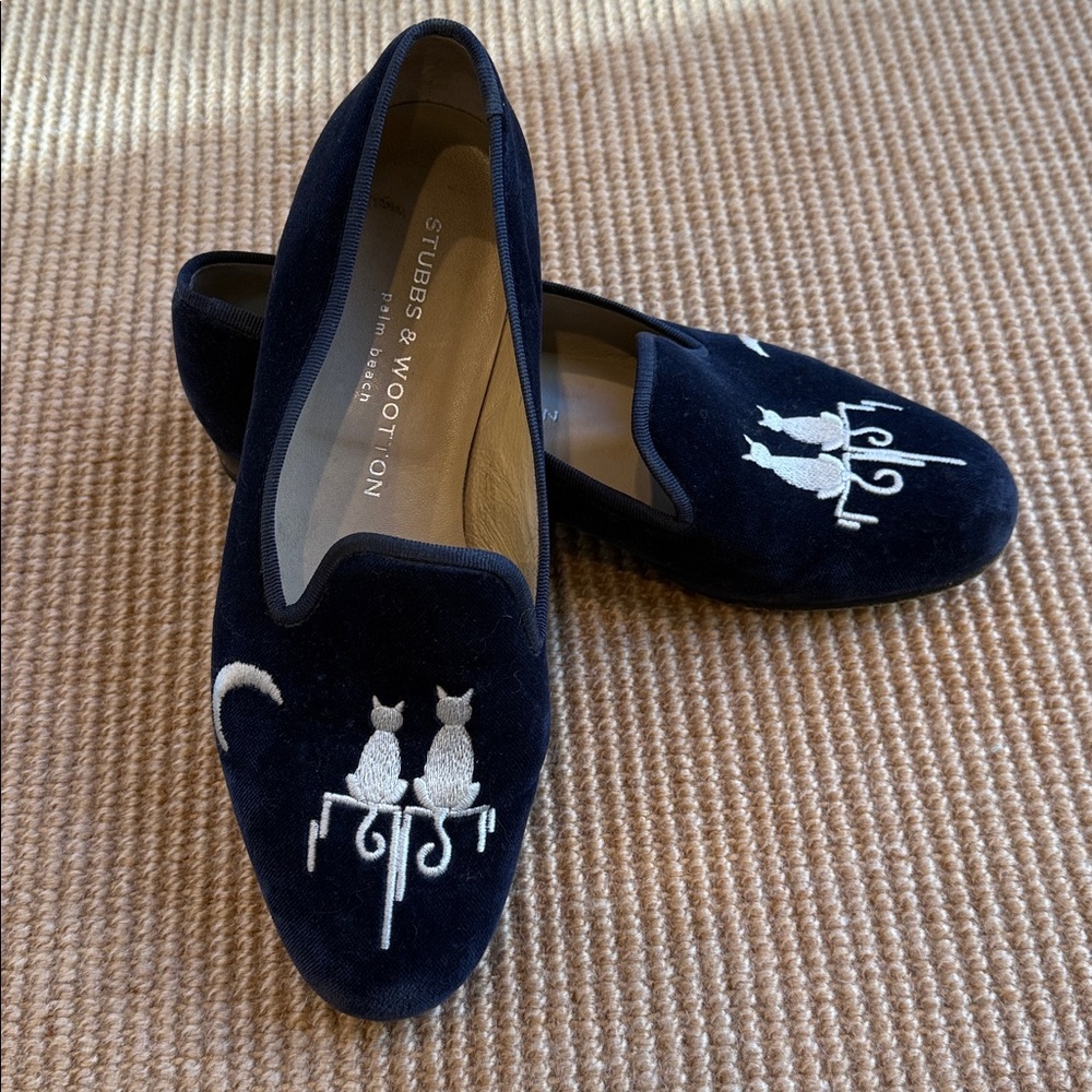 Stubbs & Wootton Navy Velvet Loafers w Silver Cat Embroidery Sz 7 - Picture 7 of 7